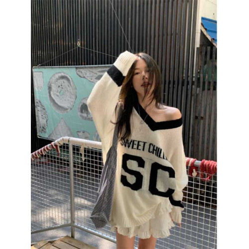 白色毛衣女早秋慵懶高級感v領上衣寬松運動風字母提花套頭針織衫 白色毛衣女早秋慵懶高級感v領上衣寬松運動風字母提花套頭針織衫