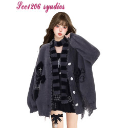 暗黑系y2k亞文化仿貂毛開衫圍脖毛衣女冬辣妹慵懶保暖針織衫外套
