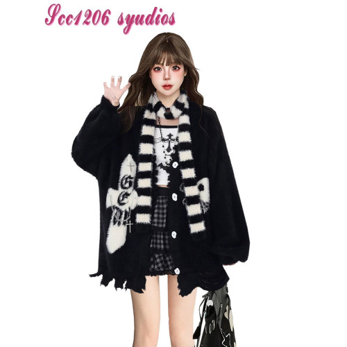 暗黑系y2k亞文化仿貂毛開衫圍脖毛衣女冬辣妹慵懶保暖針織衫外套 暗黑系y2k亞文化仿貂毛開衫圍脖毛衣女冬辣妹慵懶保暖針織衫外套