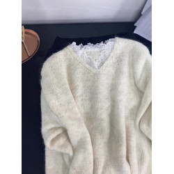 韓系奶杏色蕾絲拼接V領針織衫毛衣女2025秋冬新款高級感寬松上衣