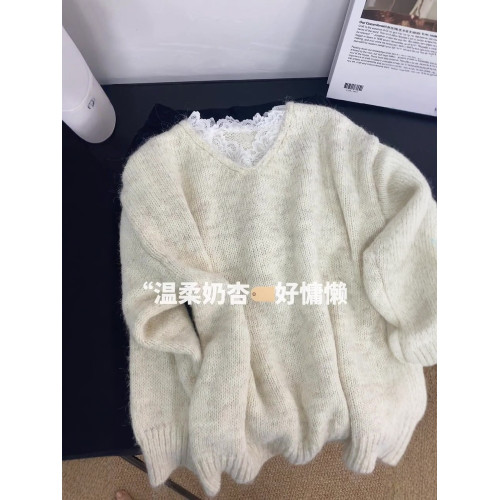 韓系奶杏色蕾絲拼接V領針織衫毛衣女2025秋冬新款高級感寬松上衣 韓系奶杏色蕾絲拼接V領針織衫毛衣女2025秋冬新款高級感寬松上衣