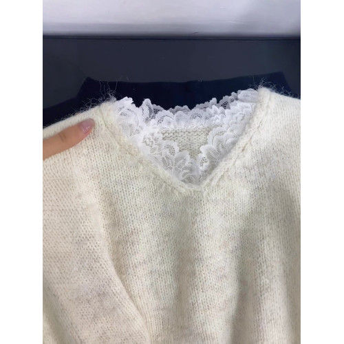 韓系奶杏色蕾絲拼接V領針織衫毛衣女2025秋冬新款高級感寬松上衣 韓系奶杏色蕾絲拼接V領針織衫毛衣女2025秋冬新款高級感寬松上衣