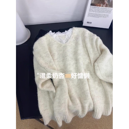 韓系奶杏色蕾絲拼接V領針織衫毛衣女2025秋冬新款高級感寬松上衣 韓系奶杏色蕾絲拼接V領針織衫毛衣女2025秋冬新款高級感寬松上衣