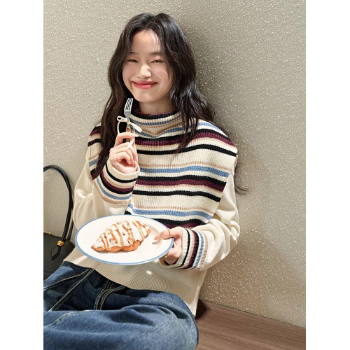 設計感條紋披肩毛衣馬甲兩件套裝25秋冬新款女針織衫高領曡穿上衣 設計感條紋披肩毛衣馬甲兩件套裝25秋冬新款女針織衫高領曡穿上衣