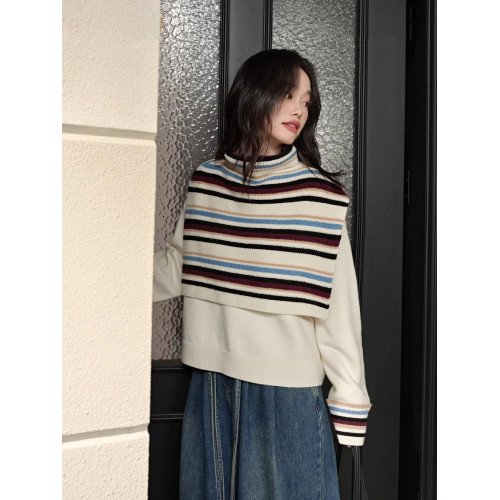 設計感條紋披肩毛衣馬甲兩件套裝25秋冬新款女針織衫高領曡穿上衣 設計感條紋披肩毛衣馬甲兩件套裝25秋冬新款女針織衫高領曡穿上衣