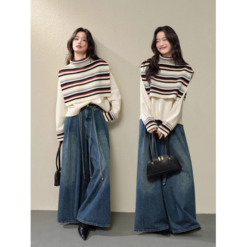 設計感條紋披肩毛衣馬甲兩件套裝25秋冬新款女針織衫高領曡穿上衣 設計感條紋披肩毛衣馬甲兩件套裝25秋冬新款女針織衫高領曡穿上衣