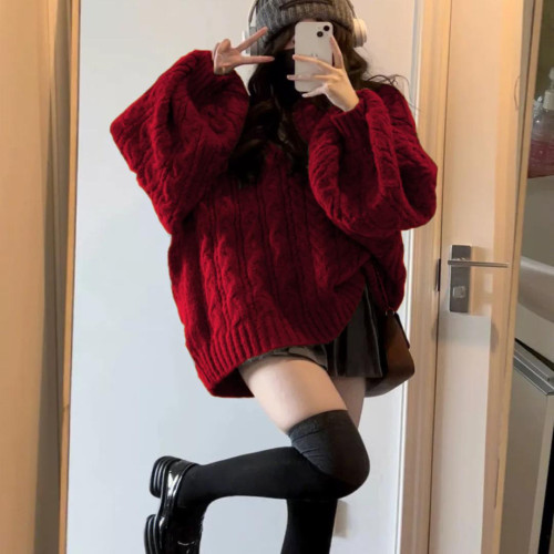 200斤胖MM慵懶風V領寬松安哥拉紅麻花毛衣女學生秋冬外穿百搭針織 200斤胖MM慵懶風V領寬松安哥拉紅麻花毛衣女學生秋冬外穿百搭針織