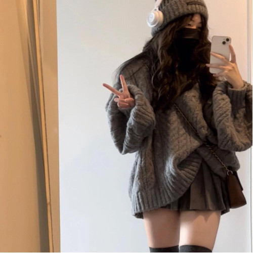 200斤胖MM慵懶風V領寬松安哥拉紅麻花毛衣女學生秋冬外穿百搭針織 200斤胖MM慵懶風V領寬松安哥拉紅麻花毛衣女學生秋冬外穿百搭針織