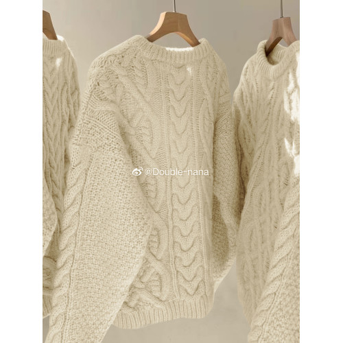 日系復古大碼米白色麻花毛衣女加厚外穿寬松慵懶風顯瘦毛針織上衣 日系復古大碼米白色麻花毛衣女加厚外穿寬松慵懶風顯瘦毛針織上衣