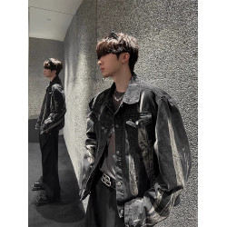 美式復古牛仔外套男款痞帥紥染男生牛仔衣高級感工裝夾克2024新款