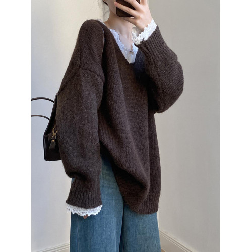 韓版2025春秋新款甜美慵懶拼接蕾絲V領套頭顯瘦寬松針織衫毛衣女 韓版2025春秋新款甜美慵懶拼接蕾絲V領套頭顯瘦寬松針織衫毛衣女