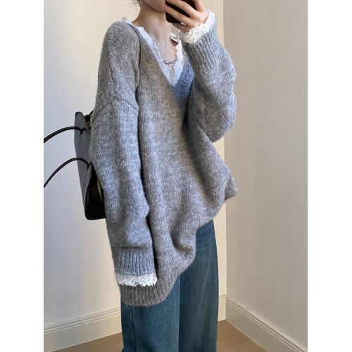 韓版2025春秋新款甜美慵懶拼接蕾絲V領套頭顯瘦寬松針織衫毛衣女 韓版2025春秋新款甜美慵懶拼接蕾絲V領套頭顯瘦寬松針織衫毛衣女