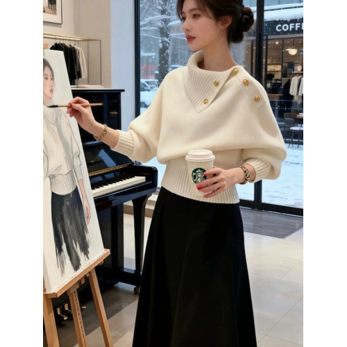 米白色不規則翻領針織衫毛衣女可外穿內搭秋冬高級感韓系慵懶上衣 米白色不規則翻領針織衫毛衣女可外穿內搭秋冬高級感韓系慵懶上衣