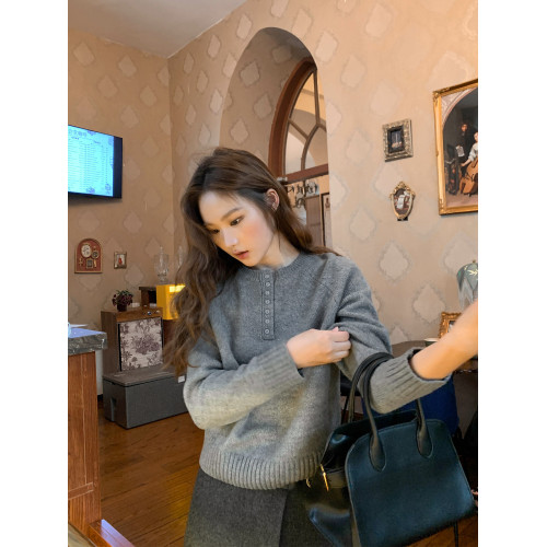 你好卡農 亨利領插肩袖套頭針織衫女秋2025新款寬鬆簡約純色毛衣