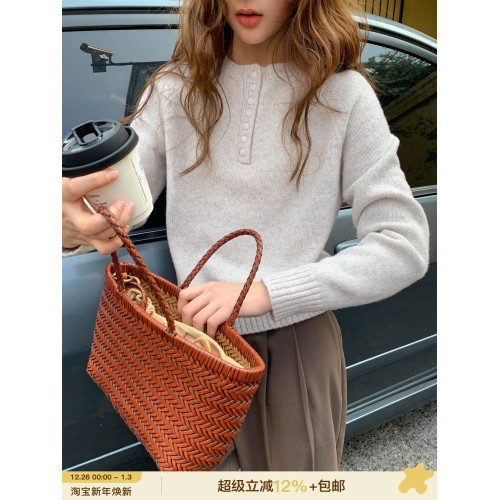 你好卡農 亨利領插肩袖套頭針織衫女秋2025新款寬鬆簡約純色毛衣