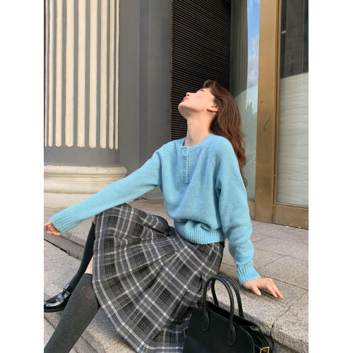 你好卡農 亨利領插肩袖套頭針織衫女秋2025新款寬鬆簡約純色毛衣