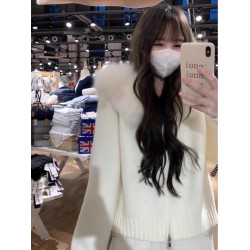 韓系大毛領連帽拉鍊慵懶千金風毛衣開衫外套秋冬高級感針織衫上衣