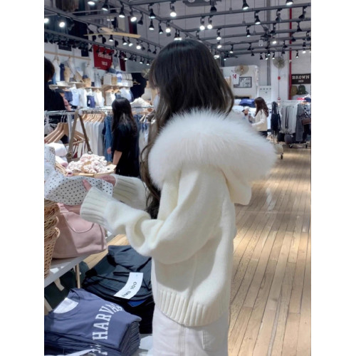 韓系大毛領連帽拉鍊慵懶千金風毛衣開衫外套秋冬高級感針織衫上衣 韓系大毛領連帽拉鍊慵懶千金風毛衣開衫外套秋冬高級感針織衫上衣