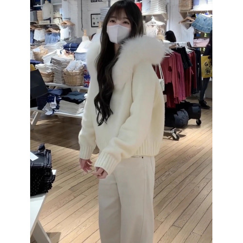 韓系大毛領連帽拉鍊慵懶千金風毛衣開衫外套秋冬高級感針織衫上衣 韓系大毛領連帽拉鍊慵懶千金風毛衣開衫外套秋冬高級感針織衫上衣