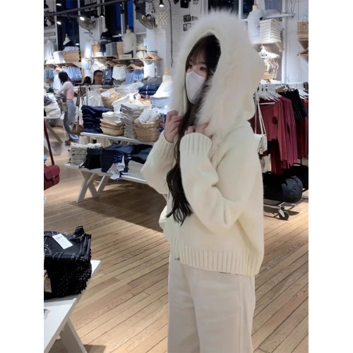 韓系大毛領連帽拉鍊慵懶千金風毛衣開衫外套秋冬高級感針織衫上衣 韓系大毛領連帽拉鍊慵懶千金風毛衣開衫外套秋冬高級感針織衫上衣