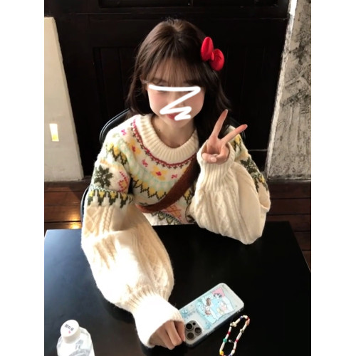 費爾島圓領套頭毛衣女秋冬2025新款慵懶風高級感加厚寬松針織上衣 費爾島圓領套頭毛衣女秋冬2025新款慵懶風高級感加厚寬松針織上衣