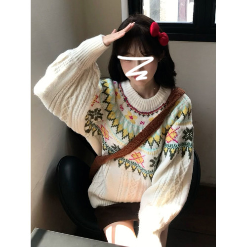 費爾島圓領套頭毛衣女秋冬2025新款慵懶風高級感加厚寬松針織上衣 費爾島圓領套頭毛衣女秋冬2025新款慵懶風高級感加厚寬松針織上衣