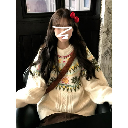 費爾島圓領套頭毛衣女秋冬2025新款慵懶風高級感加厚寬松針織上衣 費爾島圓領套頭毛衣女秋冬2025新款慵懶風高級感加厚寬松針織上衣