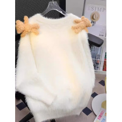 韓系甜美寬松減齡針織上衣秋冬新款軟糯可愛立體小熊圓領套頭毛衣