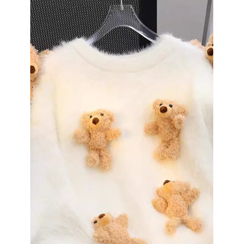 韓系甜美寬鬆減齡針織上衣秋冬新款軟糯可愛立體小熊圓領套頭毛衣