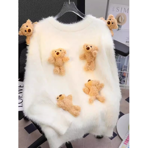 韓系甜美寬鬆減齡針織上衣秋冬新款軟糯可愛立體小熊圓領套頭毛衣