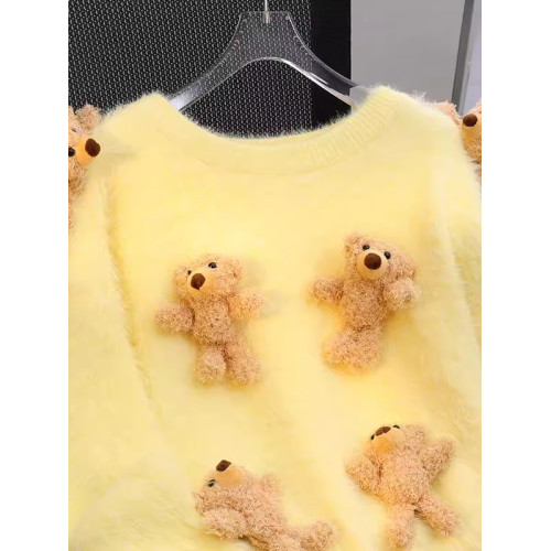 韓系甜美寬鬆減齡針織上衣秋冬新款軟糯可愛立體小熊圓領套頭毛衣