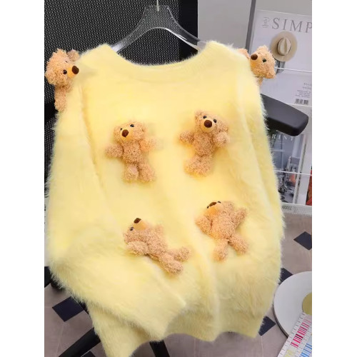 韓系甜美寬鬆減齡針織上衣秋冬新款軟糯可愛立體小熊圓領套頭毛衣