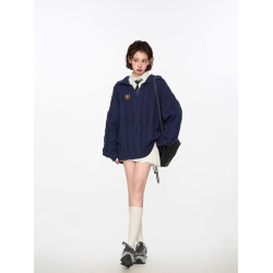 學院風藏青色polo領套頭針織毛衣女秋冬慵懶寬松內搭加厚上衣早秋