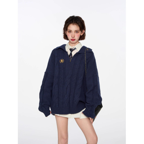 學院風藏青色polo領套頭針織毛衣女秋冬慵懶寬松內搭加厚上衣早秋 學院風藏青色polo領套頭針織毛衣女秋冬慵懶寬松內搭加厚上衣早秋