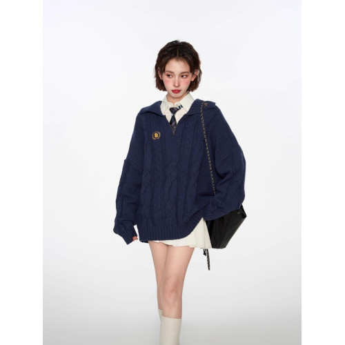 學院風藏青色polo領套頭針織毛衣女秋冬慵懶寬松內搭加厚上衣早秋 學院風藏青色polo領套頭針織毛衣女秋冬慵懶寬松內搭加厚上衣早秋