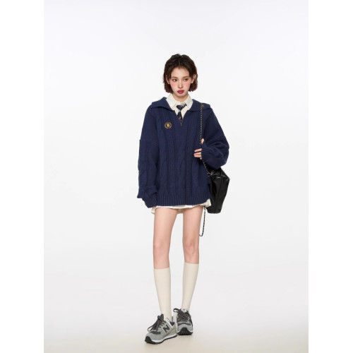 學院風藏青色polo領套頭針織毛衣女秋冬慵懶寬松內搭加厚上衣早秋 學院風藏青色polo領套頭針織毛衣女秋冬慵懶寬松內搭加厚上衣早秋