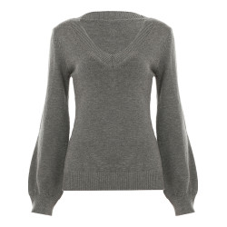 FUNOFF 美式復古灰色V領低胸毛織上衣2025秋性感純色收腰內搭長袖