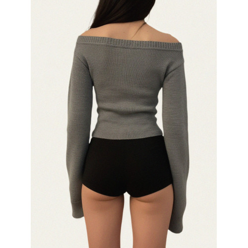 FUNOFF 美式復古灰色V領低胸毛織上衣2025秋性感純色收腰內搭長袖 FUNOFF 美式復古灰色V領低胸毛織上衣2025秋性感純色收腰內搭長袖