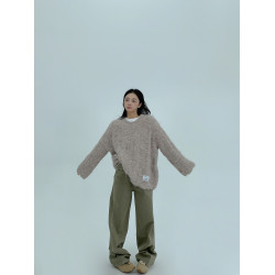 廢柴秋冬軟糯慵嬾毛絨絨圓領毛衣女松弛感寬鬆套頭短款針織衫上衣