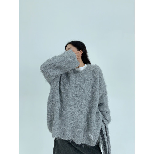 廢柴秋冬軟糯慵嬾毛絨絨圓領毛衣女松弛感寬鬆套頭短款針織衫上衣