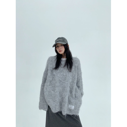 廢柴秋冬軟糯慵嬾毛絨絨圓領毛衣女松弛感寬鬆套頭短款針織衫上衣