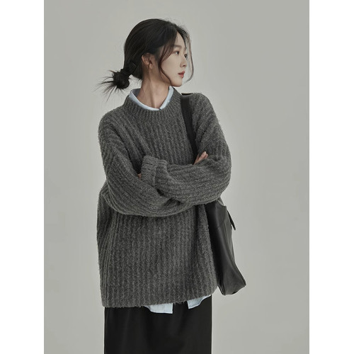 秋冬慵懶風坑條紋寬松加厚外穿套頭基礎款內搭復古針織衫毛衣女 秋冬慵懶風坑條紋寬松加厚外穿套頭基礎款內搭復古針織衫毛衣女