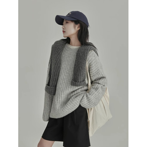 秋冬慵懶風坑條紋寬松加厚外穿套頭基礎款內搭復古針織衫毛衣女 秋冬慵懶風坑條紋寬松加厚外穿套頭基礎款內搭復古針織衫毛衣女