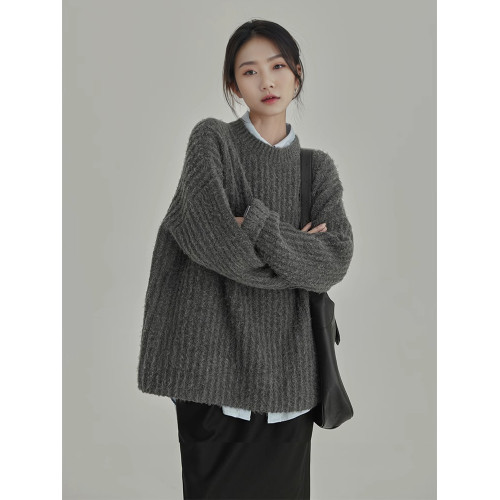 秋冬慵懶風坑條紋寬松加厚外穿套頭基礎款內搭復古針織衫毛衣女 秋冬慵懶風坑條紋寬松加厚外穿套頭基礎款內搭復古針織衫毛衣女