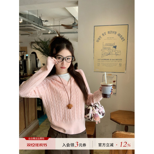 蘇三三 粉色連帽針織毛衣女春秋外穿2025早秋新款巨好看麻花上衣 蘇三三 粉色連帽針織毛衣女春秋外穿2025早秋新款巨好看麻花上衣