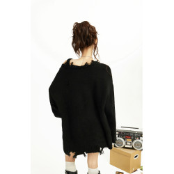 美式黑色蝴蝶露肩斜肩針織毛衣女秋冬季慵懶風寬松長款設計感小衆