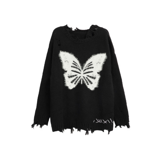 美式黑色蝴蝶露肩斜肩針織毛衣女秋冬季慵懶風寬松長款設計感小衆 美式黑色蝴蝶露肩斜肩針織毛衣女秋冬季慵懶風寬松長款設計感小衆