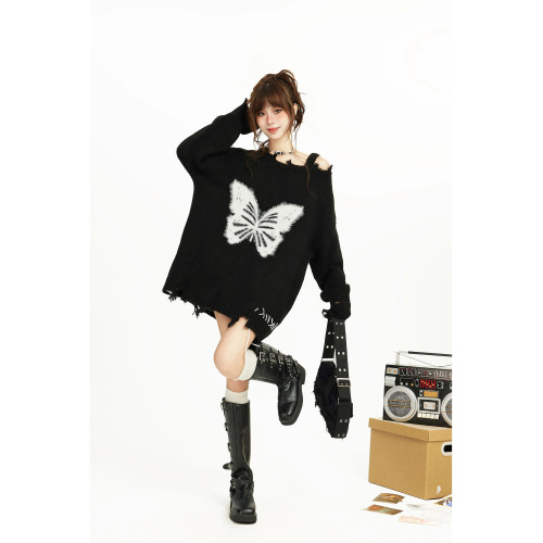 美式黑色蝴蝶露肩斜肩針織毛衣女秋冬季慵懶風寬松長款設計感小衆 美式黑色蝴蝶露肩斜肩針織毛衣女秋冬季慵懶風寬松長款設計感小衆