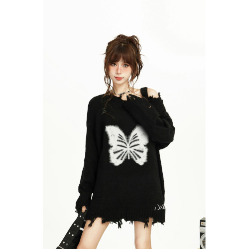 美式黑色蝴蝶露肩斜肩針織毛衣女秋冬季慵懶風寬松長款設計感小衆 美式黑色蝴蝶露肩斜肩針織毛衣女秋冬季慵懶風寬松長款設計感小衆