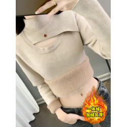 秋冬洋氣加絨加厚小衆設計感半高領毛衣中領一體絨打底衫女士內搭